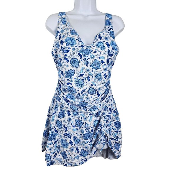B2prity Womens XL Blue & White Paisley Floral Swimdress Sexy Beach Drawstring - Picture 3 of 11